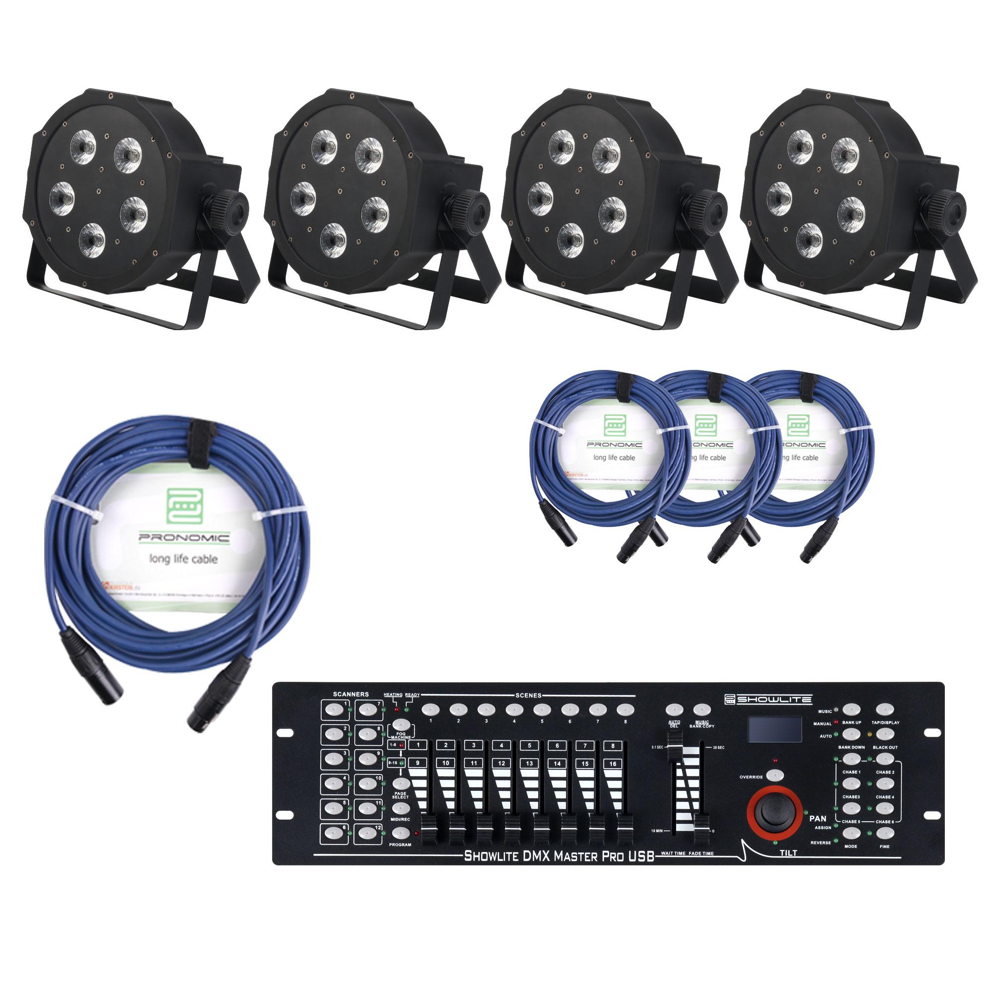 Showlite FLP-5x9W reflektor – sada 4 ks vrátane Showlite Master Pro USB a káblov | Obrázok 1 | eplay.sk
