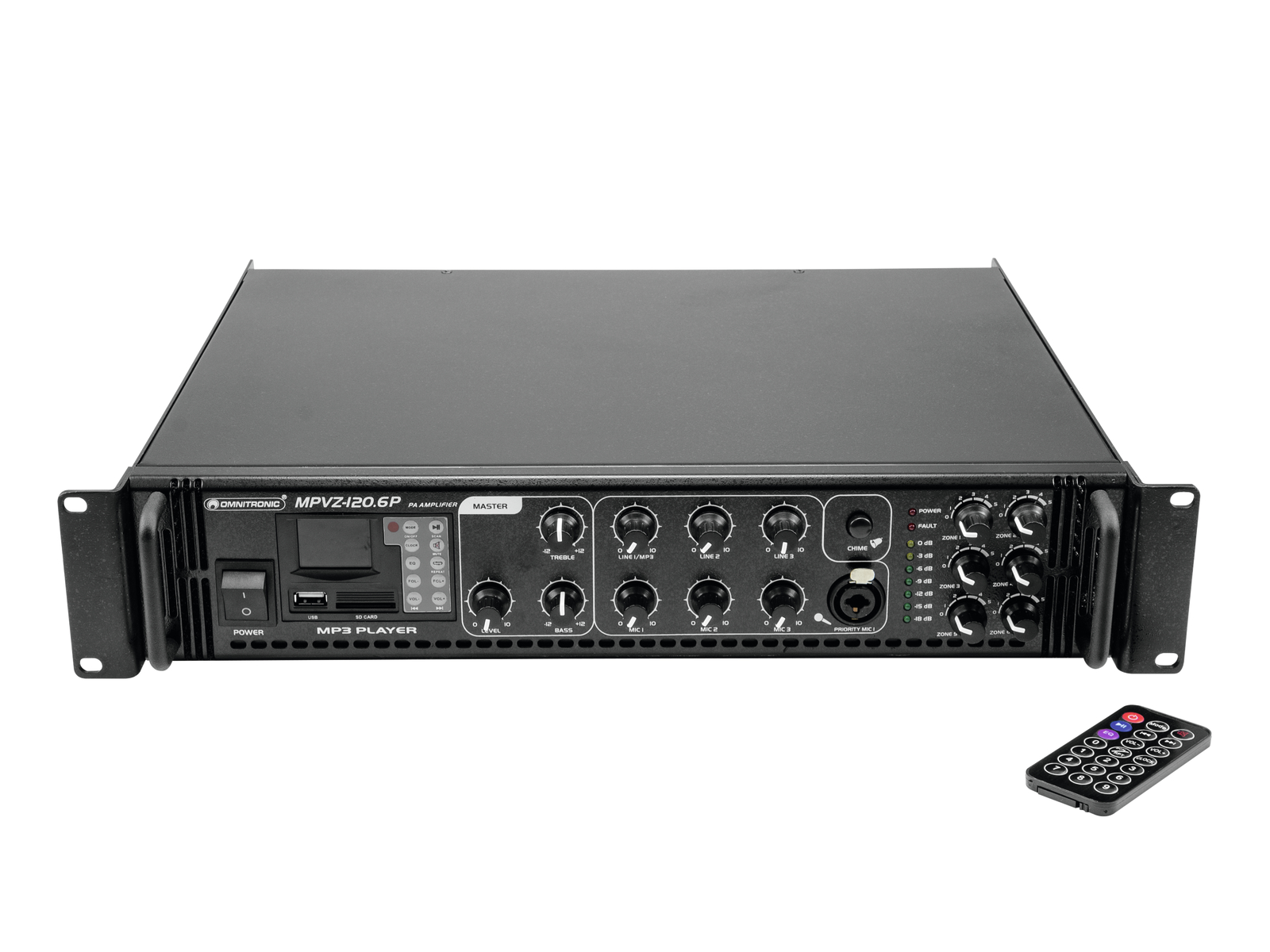 Omnitronic MPVZ-120.6P, 100V 6-zónový mixážní zesilovač, 120W, MP3 | Obrázok 1 | eplay.sk