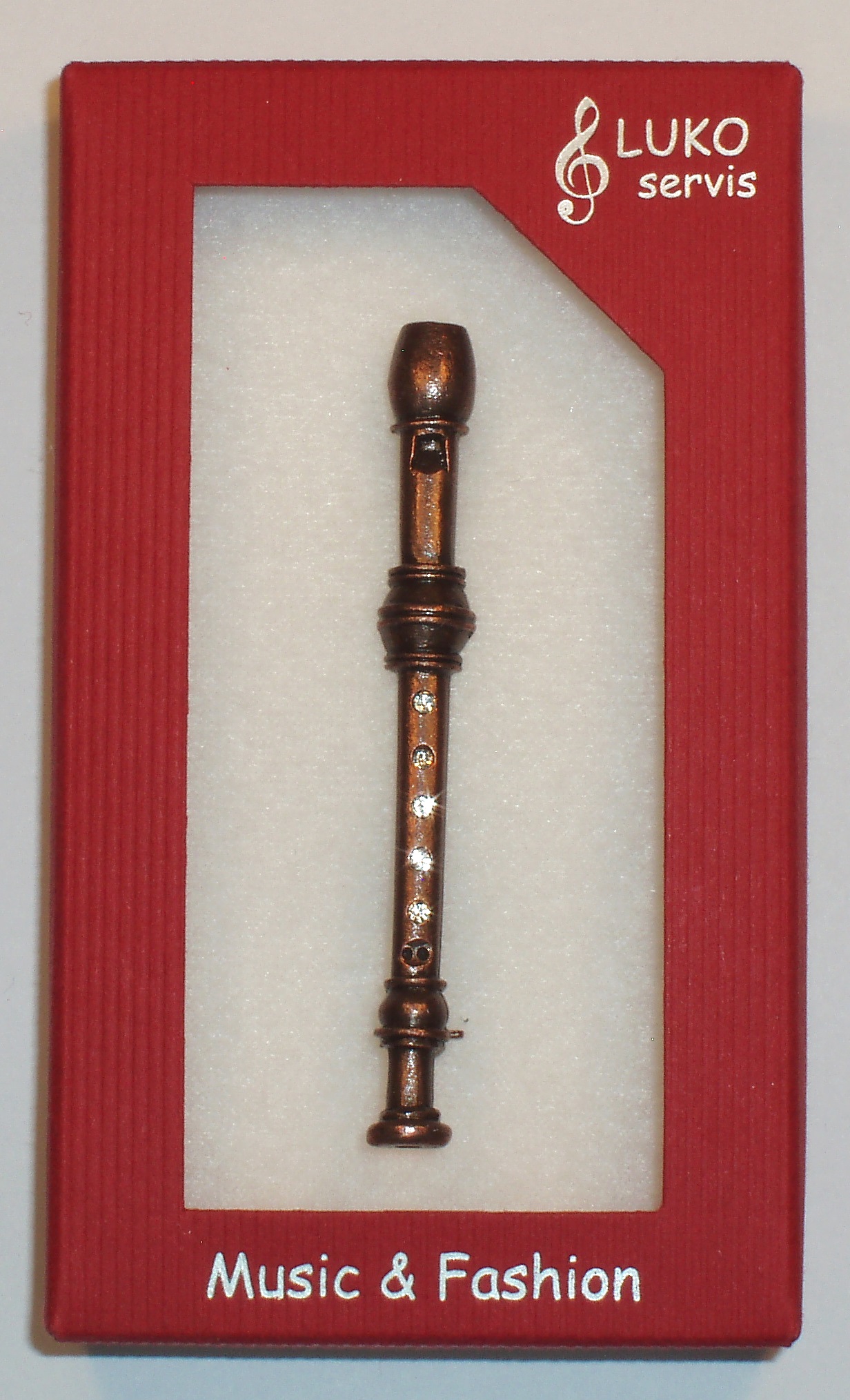 Flauta zobcová, staro-medená, krystal, brošňa | Obrázok 1 | eplay.sk